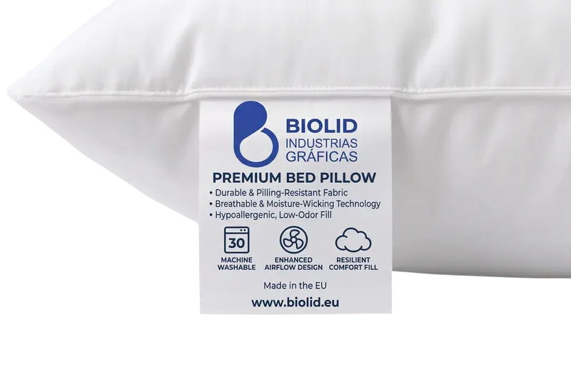 Almohada con etiqueta textil fabricada por BIOLID
