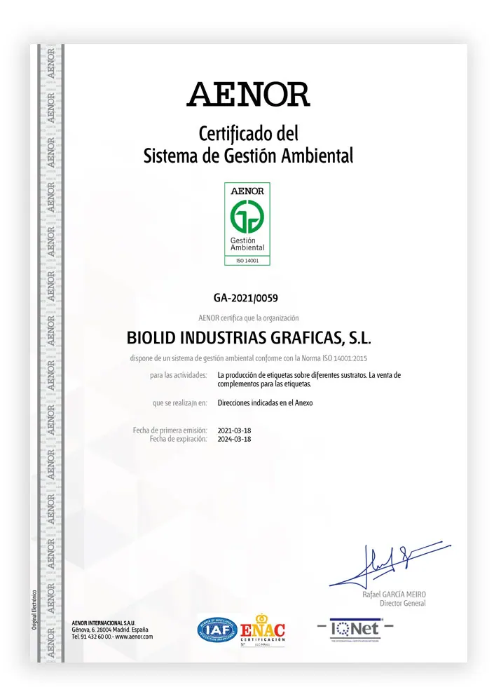 Obtenemos la certificación ISO 14001.
