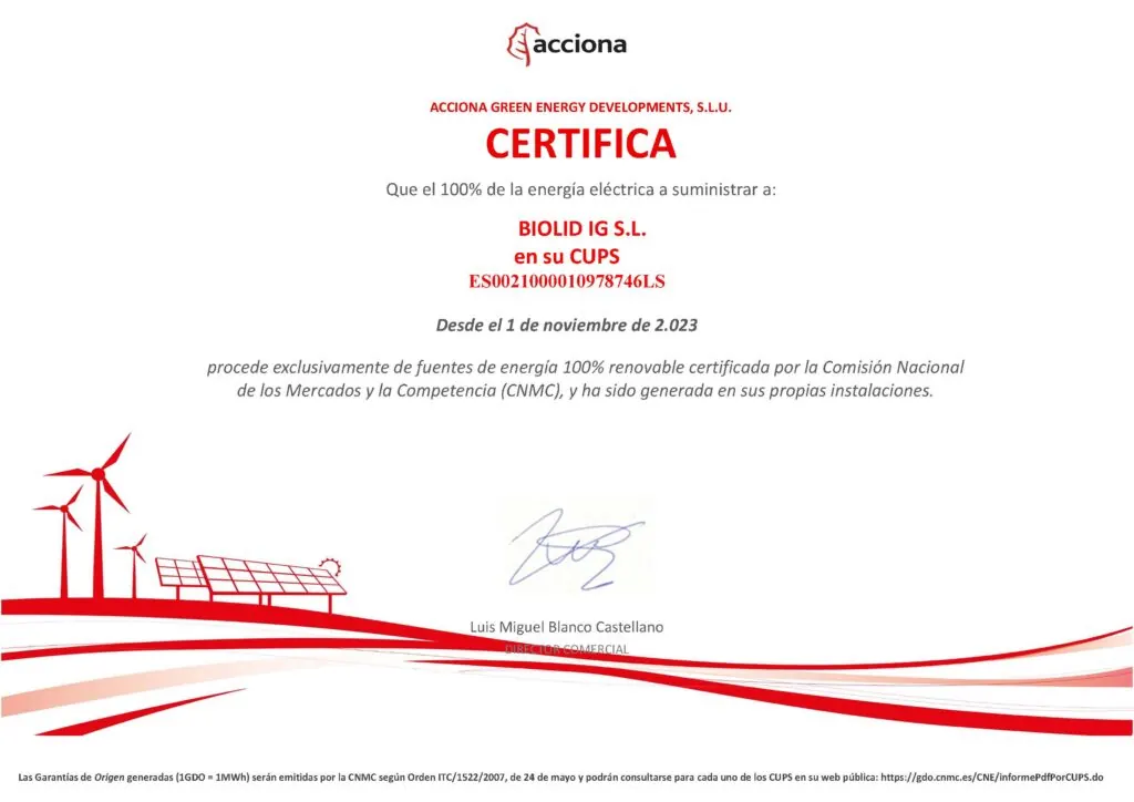 Toda la producción con energía 100% renovable.