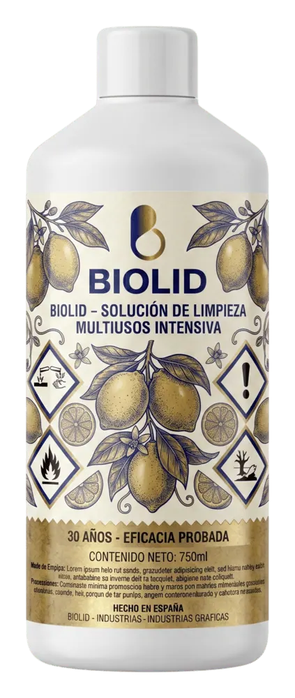 Botella de limpieza con etiqueta resistente de BIOLID