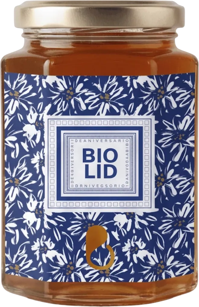 Tarro de miel con etiqueta para alimentación de BIOLID